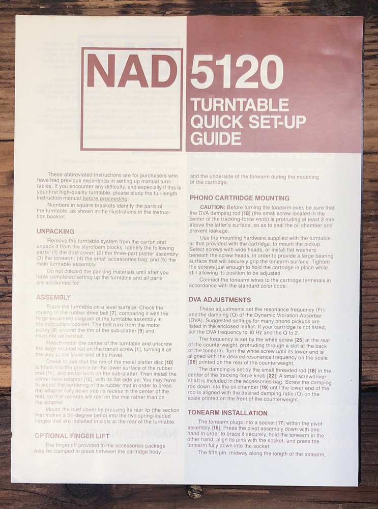 NAD Model 5120 Record Player / Turntable Quick Setup Guide *Original*
