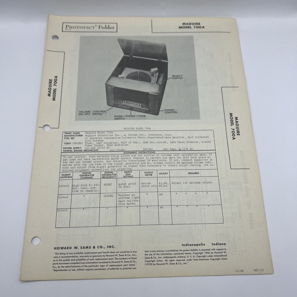 1946 SAMS PHOTOFACT Manual Schematic Maguire 700A Tube Phono Receiver Radio