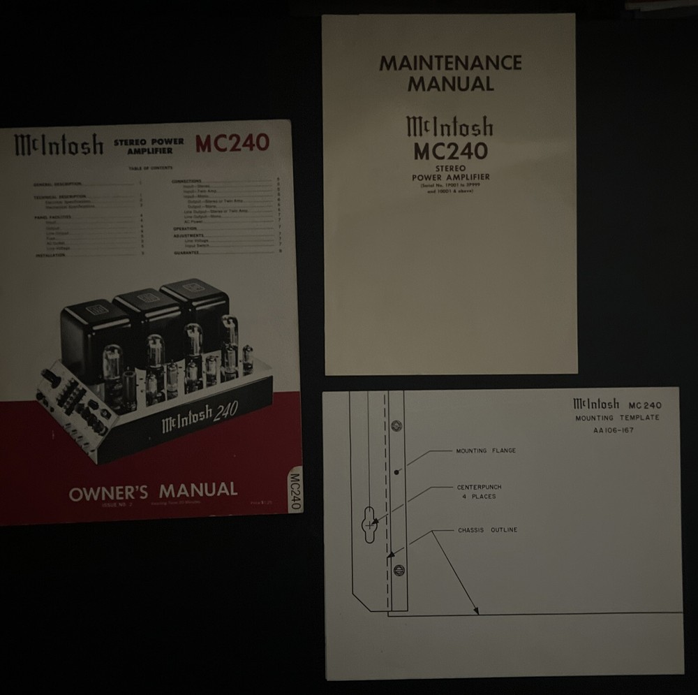 Vintage Original McIntosh MC240 Manual, Maintenance Manual, Mounting Temp NEW