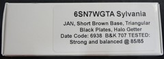 SYLVANIA JAN CHS 6SN7WGTA. SHORT BROWN BASE. USED. TESTED. 1969. JAN DESIGNATED