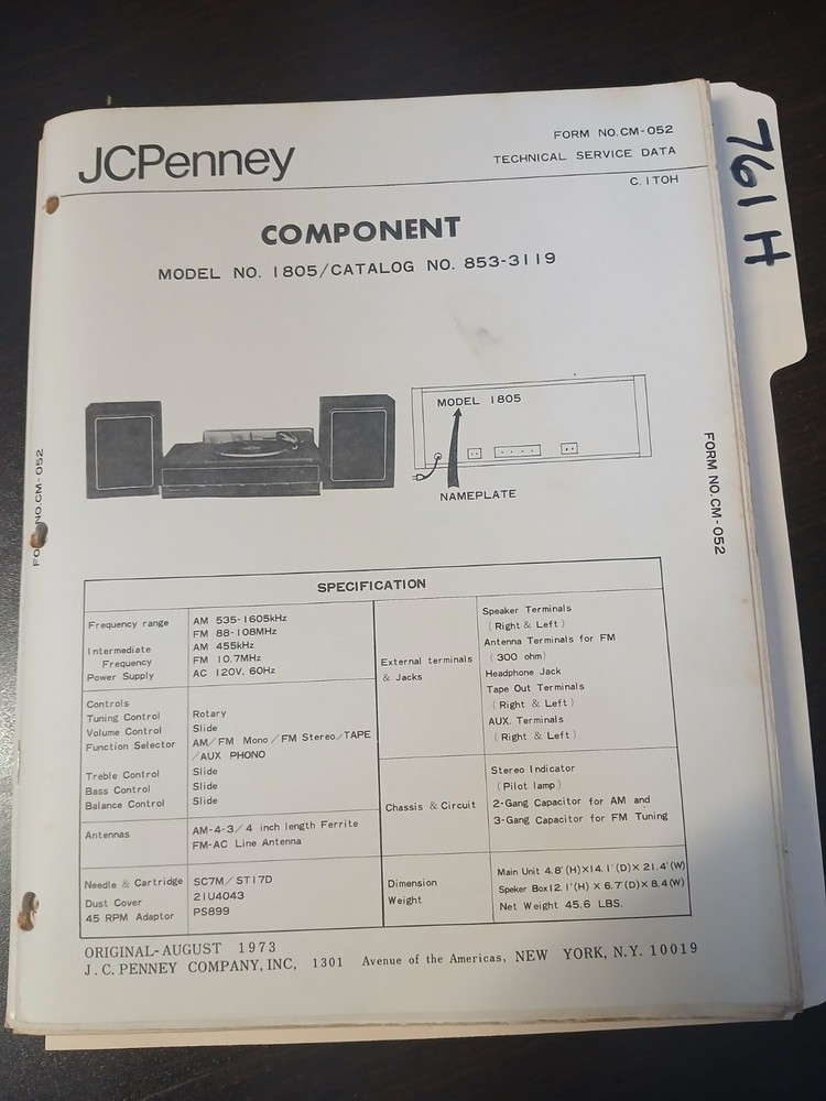 JC Penney 1805 Service Manual Original Repair Book Component