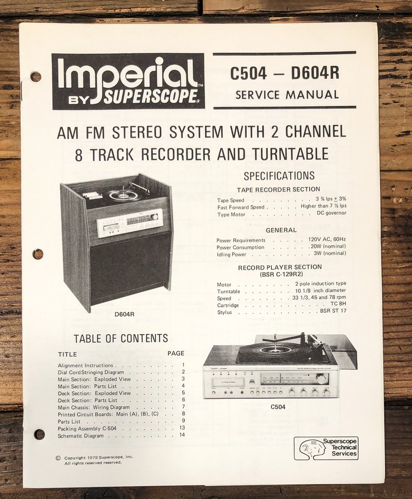 Imperial / Superscope C504 D604R Stereo Service Manual *Original*
