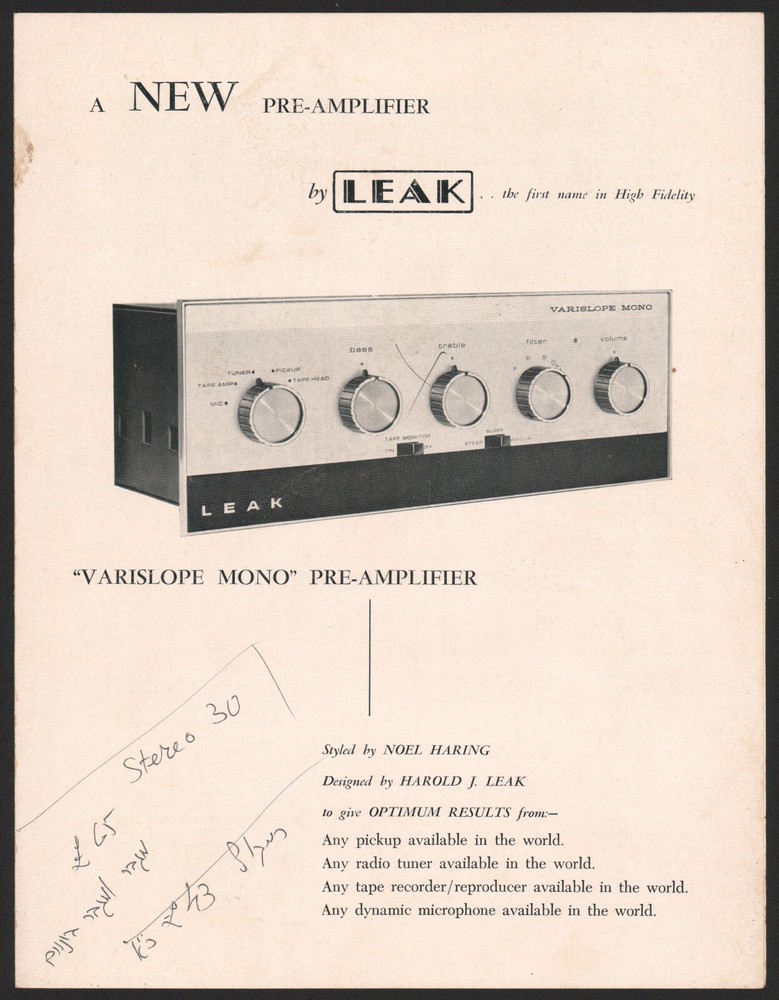 Leak Varislope Mono Amplifier Promotional brochure, English