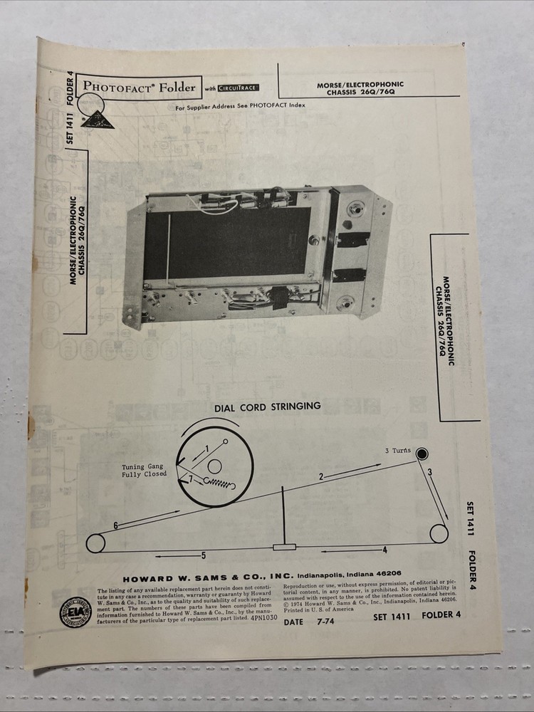 Vintage Sams Photofact Schematic 7-1974 MORSE / ELECTROPHONIC CHASSIS 26Q / 76Q