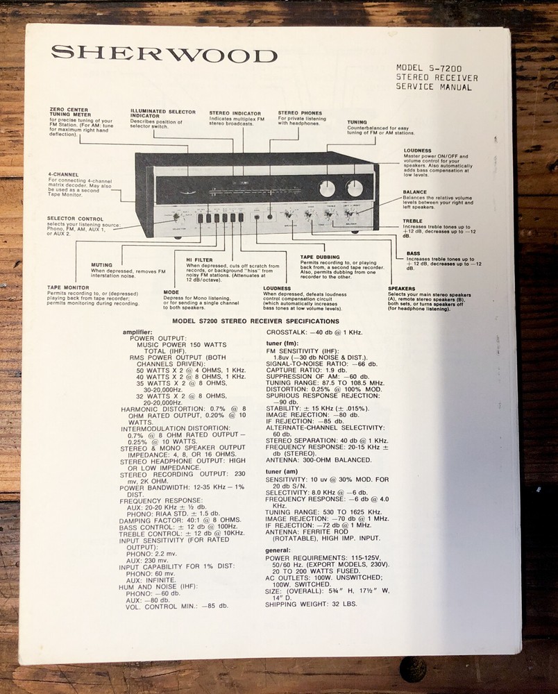 Sherwood S-7200 Receiver Service Manual *Original*