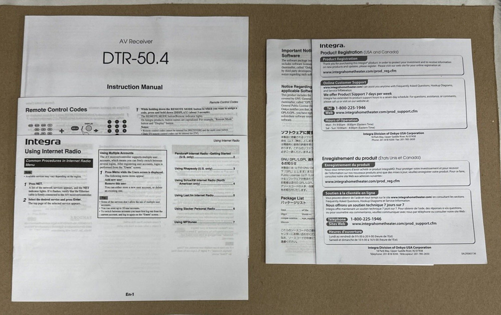 Integra DTR-50.4 AV Receiver Owners Manual, Remote Codes, Internet Radio Guide