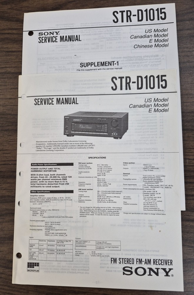 Sony STR-D1015 Receiver Service Manual w/1 Supplement-Original