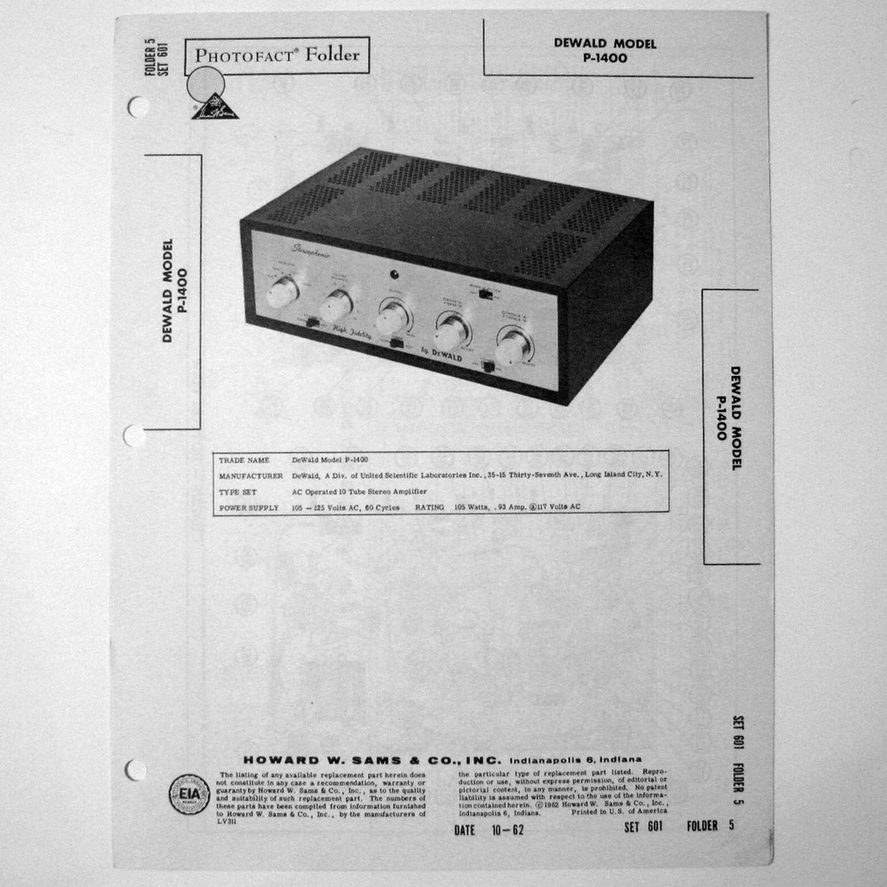 Dewald Model P-1400 Ten Tube Stereo Amplifier – SAMS Photofact ™ 1962 – New NOS