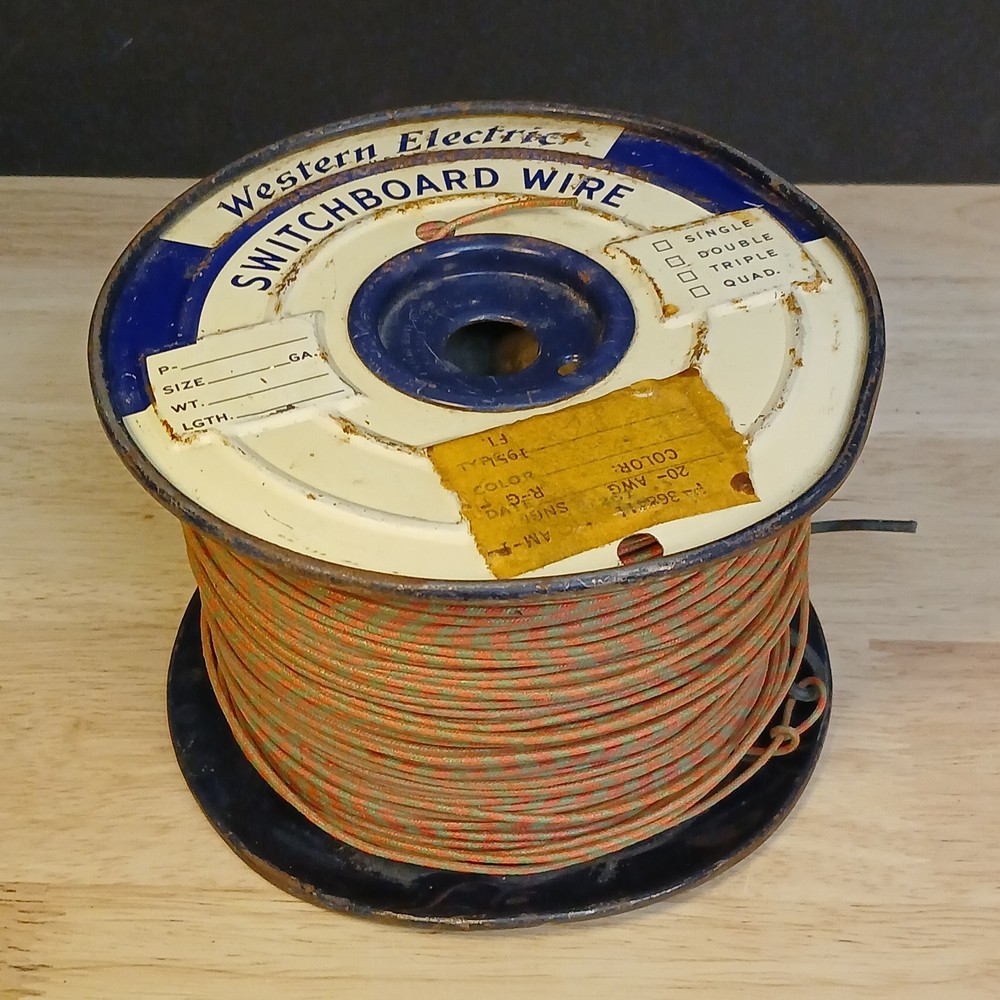Near Full Roll Western Electric 20 Gauge Cloth Covered Wire Green / Red Stripe