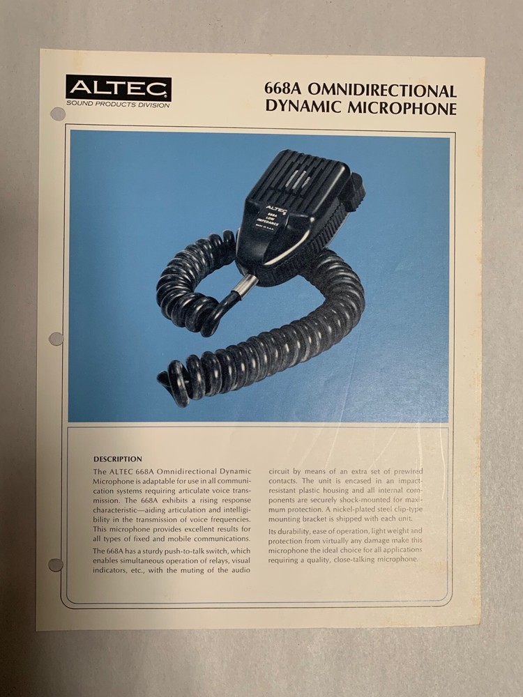 Original Vtg Altec 668A Hand Held Omnidirectional Dynamic Mic Spec Sheet (A3)