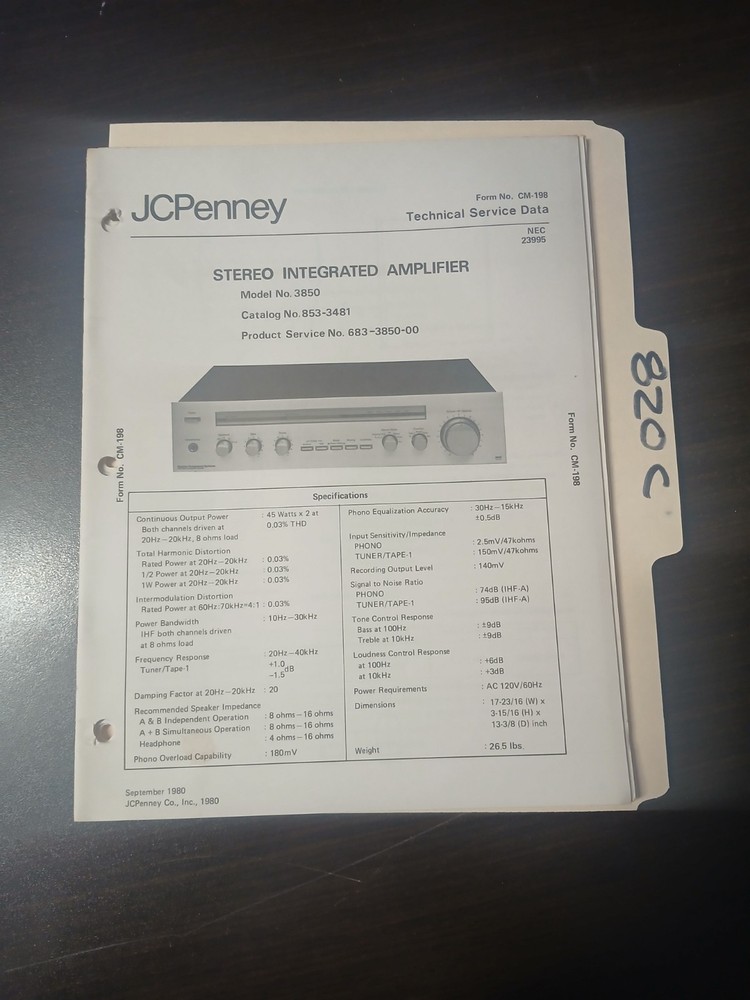 JC Penney 3850 Service Manual Original Repair Book Stereo Integrated Amplifier
