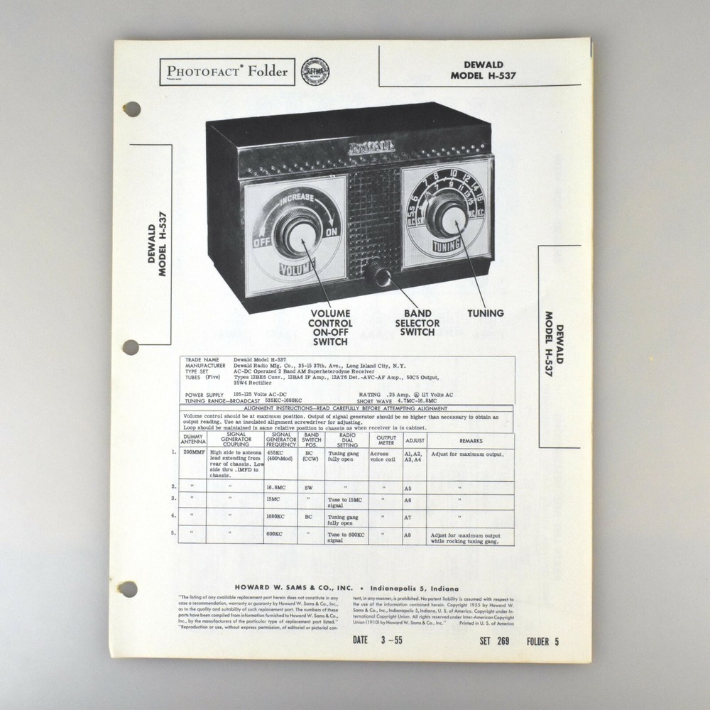 Dewald H-537 AM Radio Receiver SAMS Photofact Service Manual 269-5