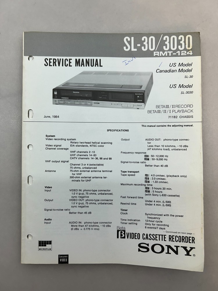 Sony SL-30 3030 Original Service Manual Free Shipping