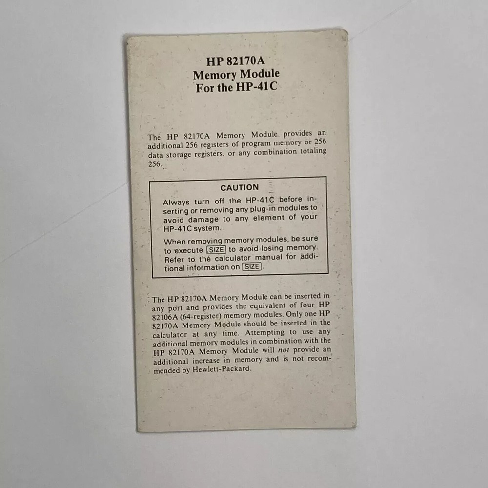 Memory Module Quick Reference Guide For Hewlett Packard HP-41CV Calculator