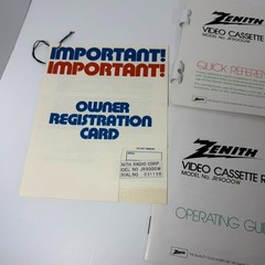 Zenith JR9000W Betatape Quick Guide Manual Registrtion Card Features RARE