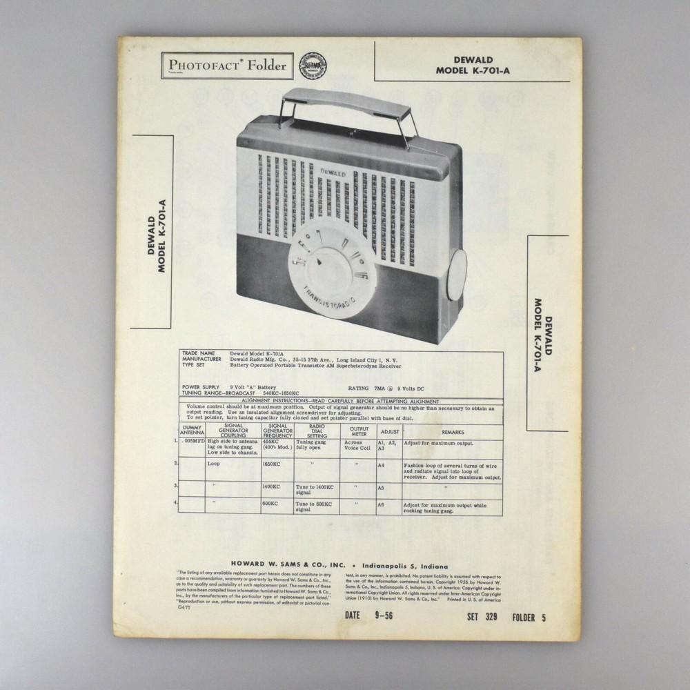 Dewald K-701-A Transistor Radio Receiver SAMS Photofact Service Manual 329-5