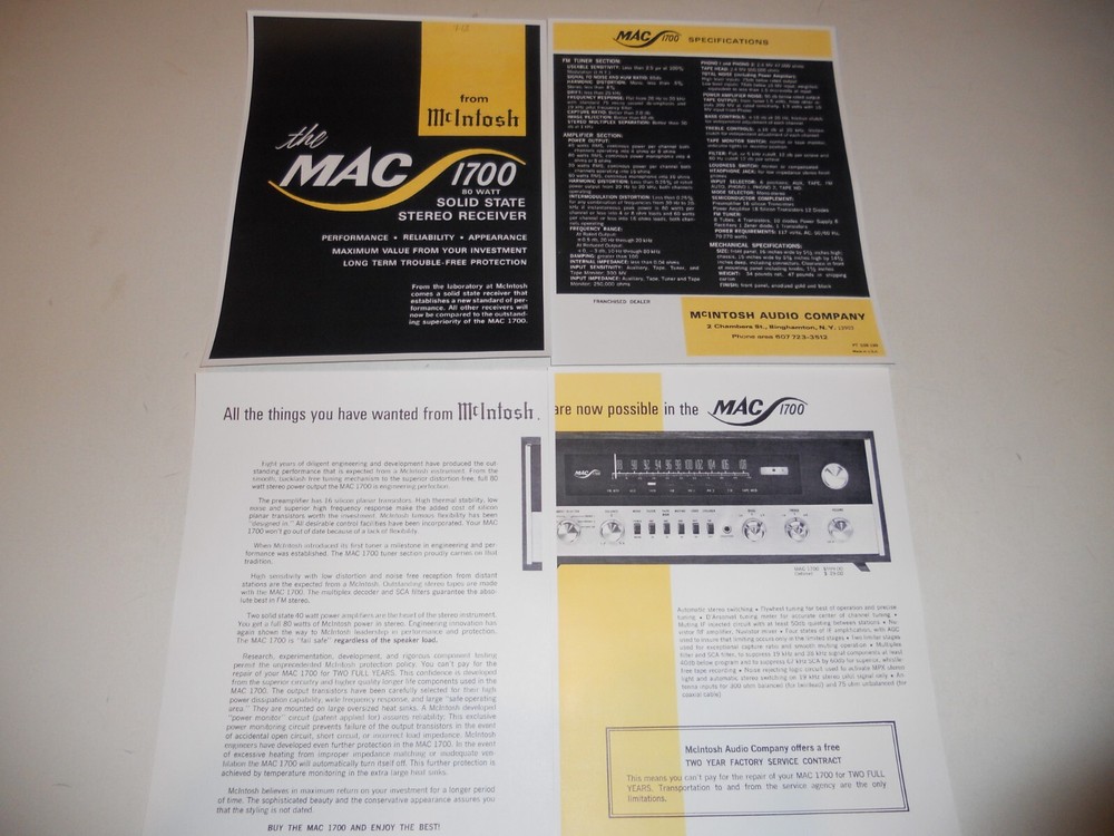 McIntosh Mac 1700 Receiver Brochure 4 pages, Specs/Info/Articles 1968
