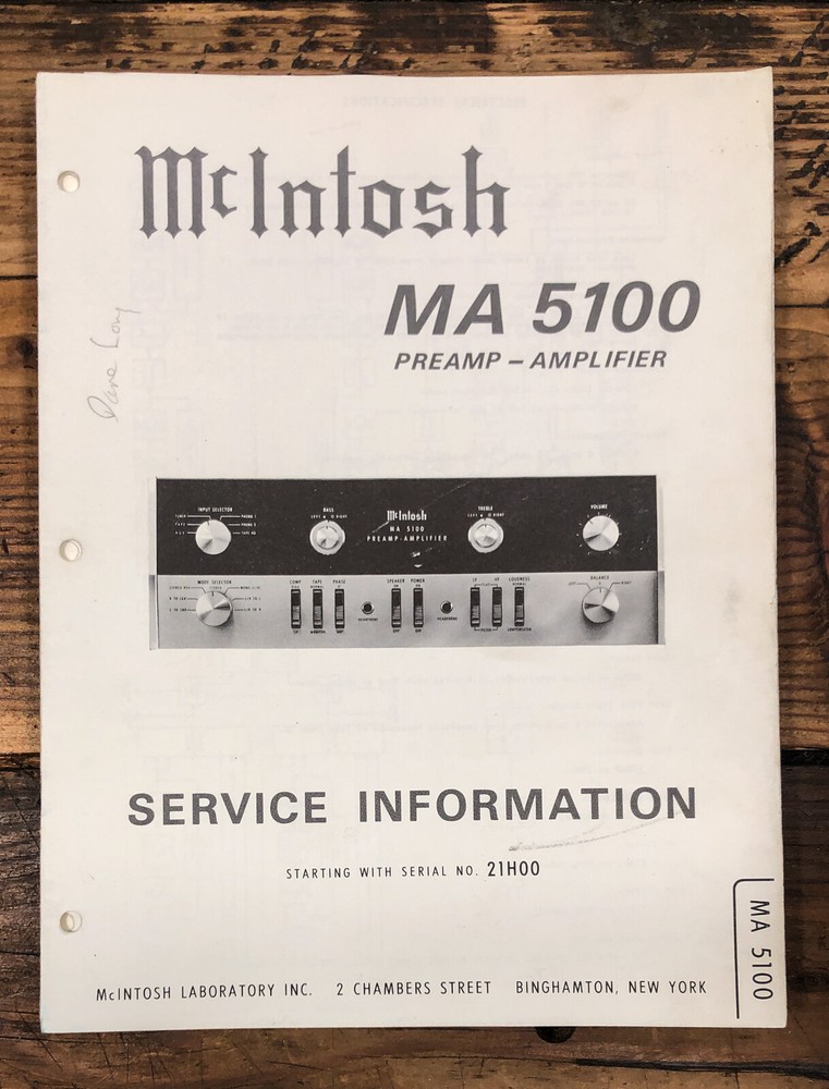 McIntosh MA 5100 Amplifier Service Manual *Original* #2