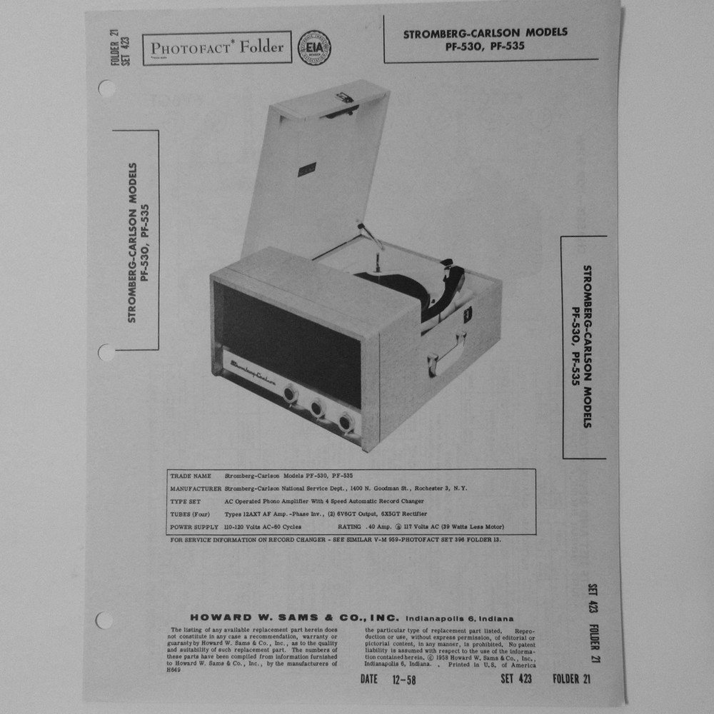 Stromberg Carlson Models PF-530 PF-535 Portable Phono SAMS Photofact ™ 1958 New