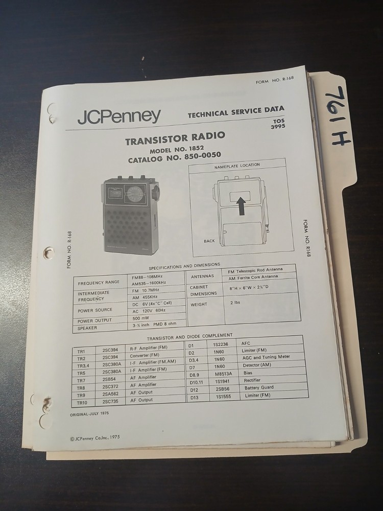 JC Penney 1852 Service Manual Original Repair Book Transistor Radio