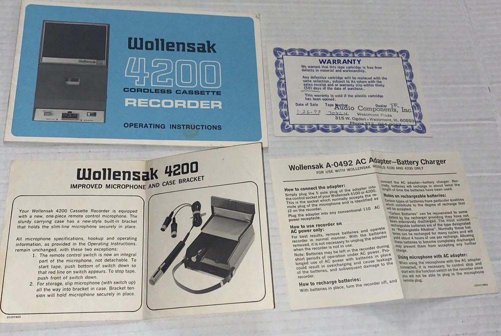 Vintage Wollensak 3M 4200 Instructions Papers ONLY For Cassette Recorder