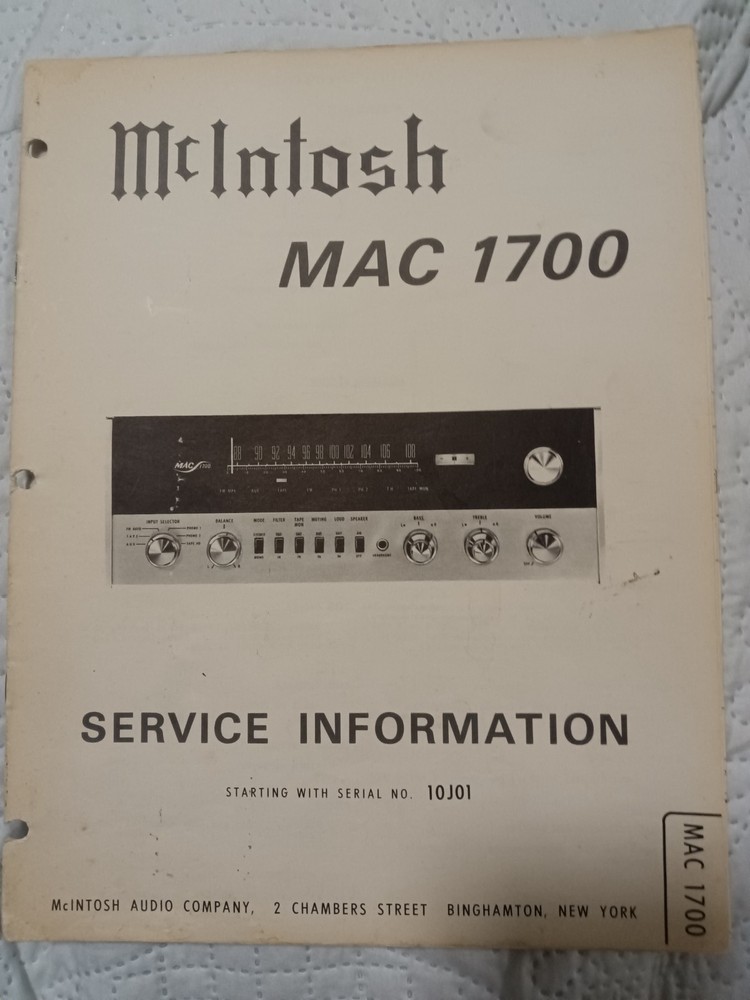 MCINTOSH MAC 1700 Receiver Service Manual Original