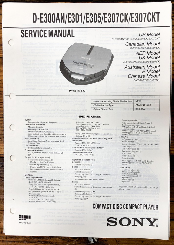 Sony D-E300AN -E301 -E305 -307 CD Player / Discman Service Manual *Original*