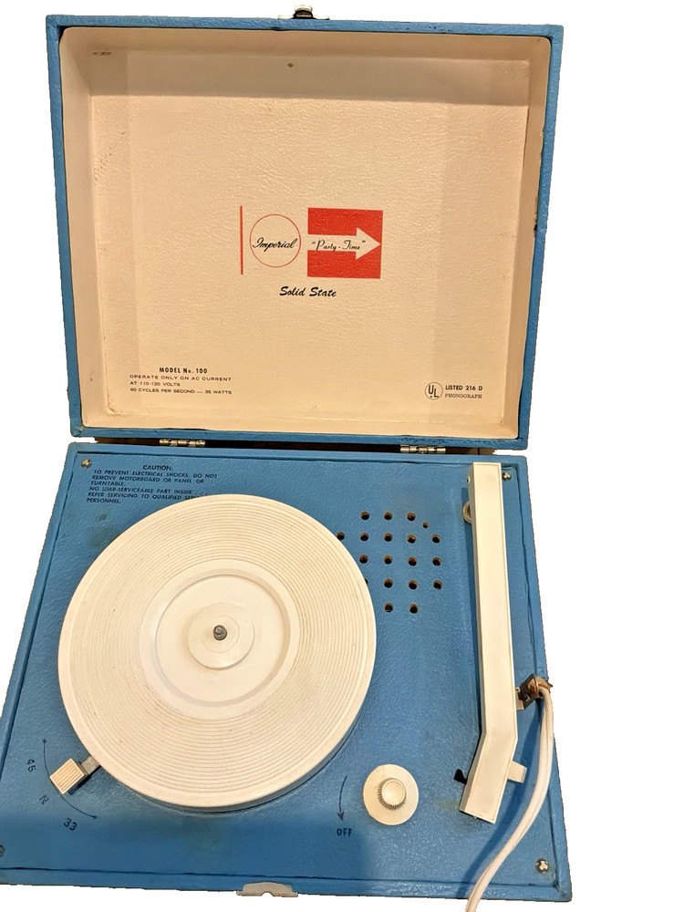 Vintage Imperial Party-Time Model 100 Record Player Blue Tested Spins 33/45