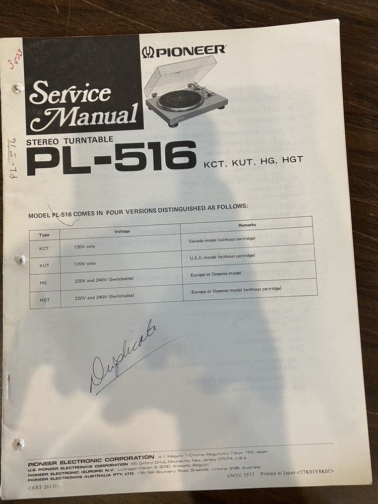 PIONEER PL-516 PL516 TURNTABLE Service Manual **ORIGINAL**