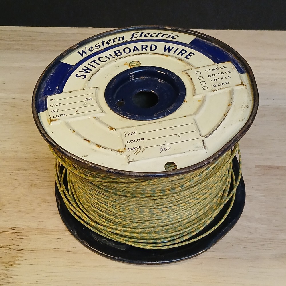 Near Full Roll Western Electric 20 Gauge Cloth Covered Wire Green Yellow Stripe