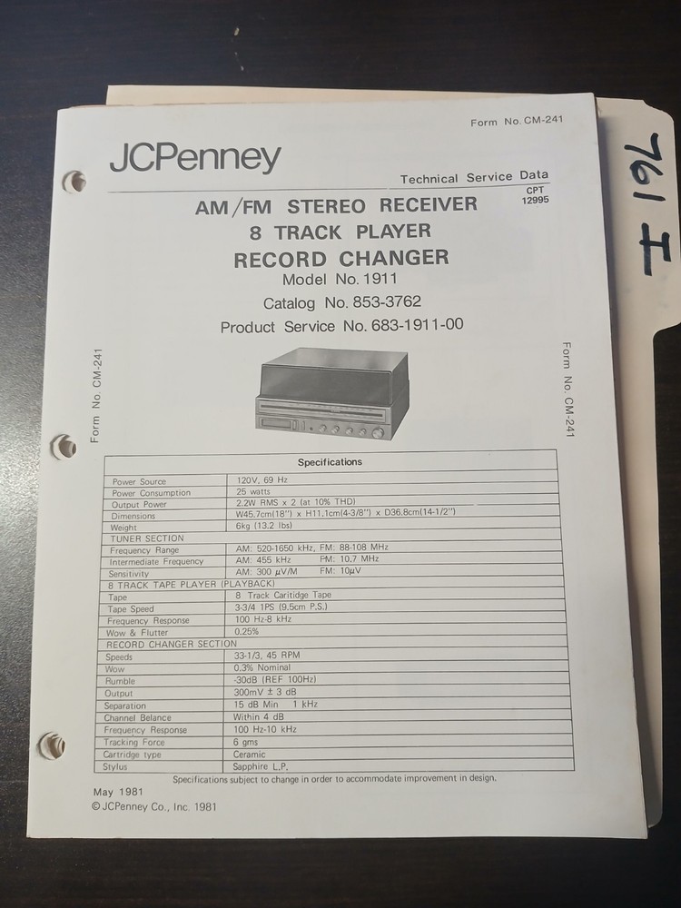 JC Penney 1911 Service Manual Original Repair Book Stereo 8 Track Record Changer
