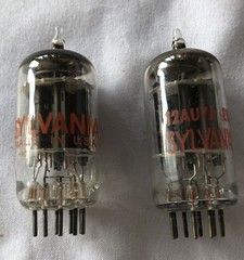 1 pair Sylvania 12AU7 / ECC82 Vacuum Tubes. USA. Both Test Good. See Pics.
