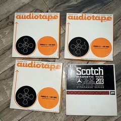 4 VTG Formula 15 Audiotape 1800′ Mylar Tape Reels & Scotch 203 -Prerecorded
