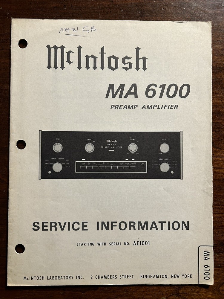McIntosh MA6100 Preamp Amplifier Amp Service Information Manual Original AE1001