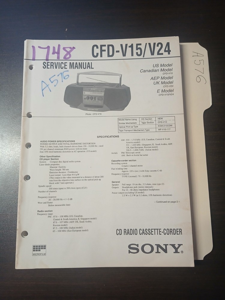 Sony CFD-V15/V24 Service Manual Original Repair Book CD Radio