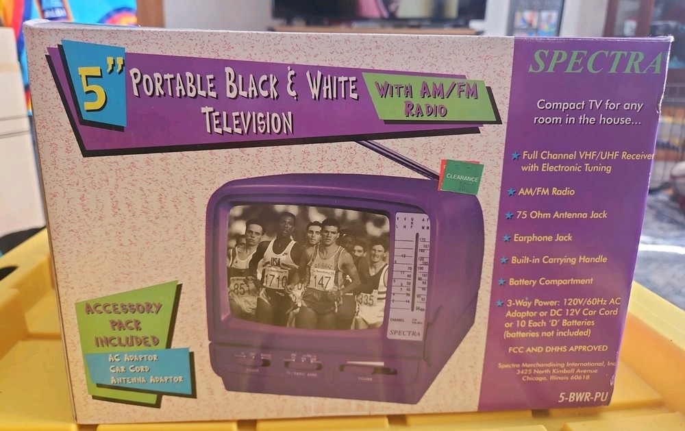 SPECTRA 5″ Black & White AC/DC/12v Portable TV with AM/FM Radio – New Old Stock