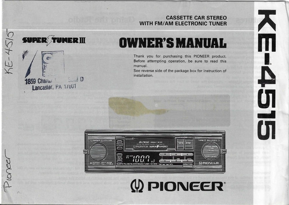 PIONEER KE-4515, CASSETTE CAR STEREO W/ FM/AM ELECTRONIC TUNER OWNERS MANUAL