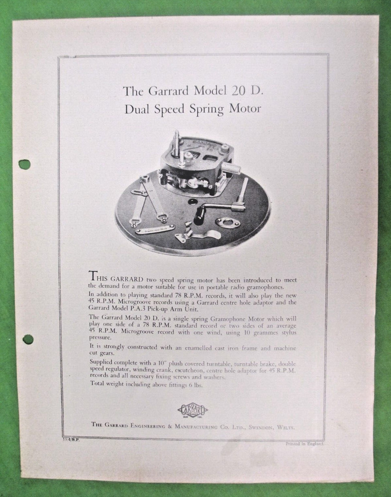 GARRARD MODEL 20 D. SPRING MOTOR SALES SHEET & INFO DUAL SPEED SPRING MOTOR
