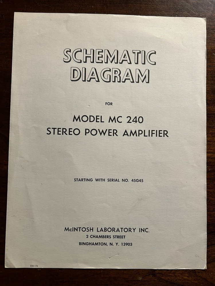 McIntosh Model MC240 Power Amplifier Amp Schematic Diagram Genuine Original OEM