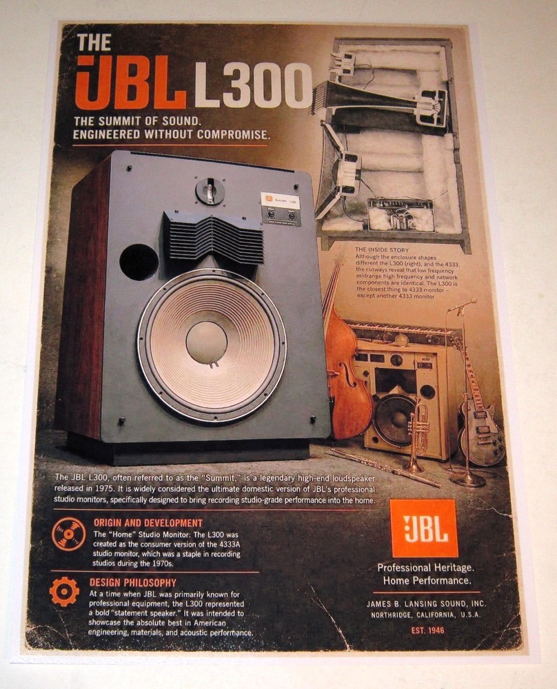 JBL L300 Summit Studio/Home Speaker Poster 19″ x 13″ Audiophile Horns ’75