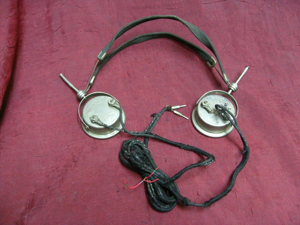 Antique PAL Headphones cloth wire headband radio headset earphones pin plugs