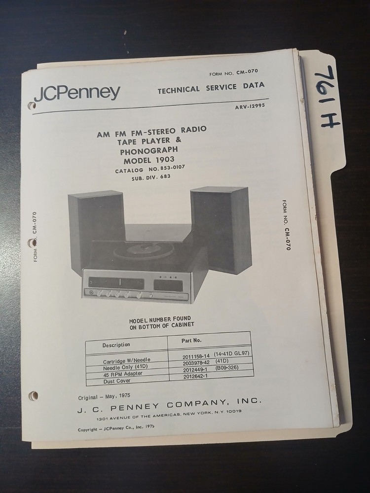 JC Penney 1903 Service Manual Original Repair Book Stereo Tape Record Player