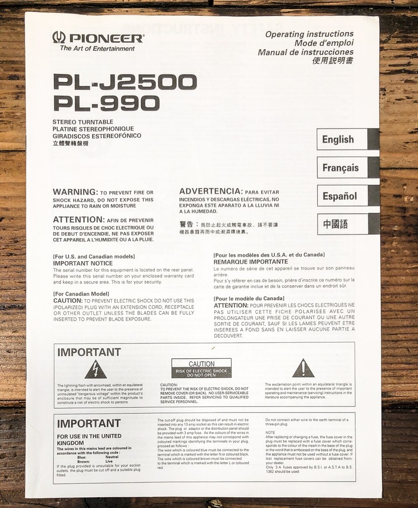 Pioneer PL-J2500 PL-990 Turntable Owners / User Manual *Original*