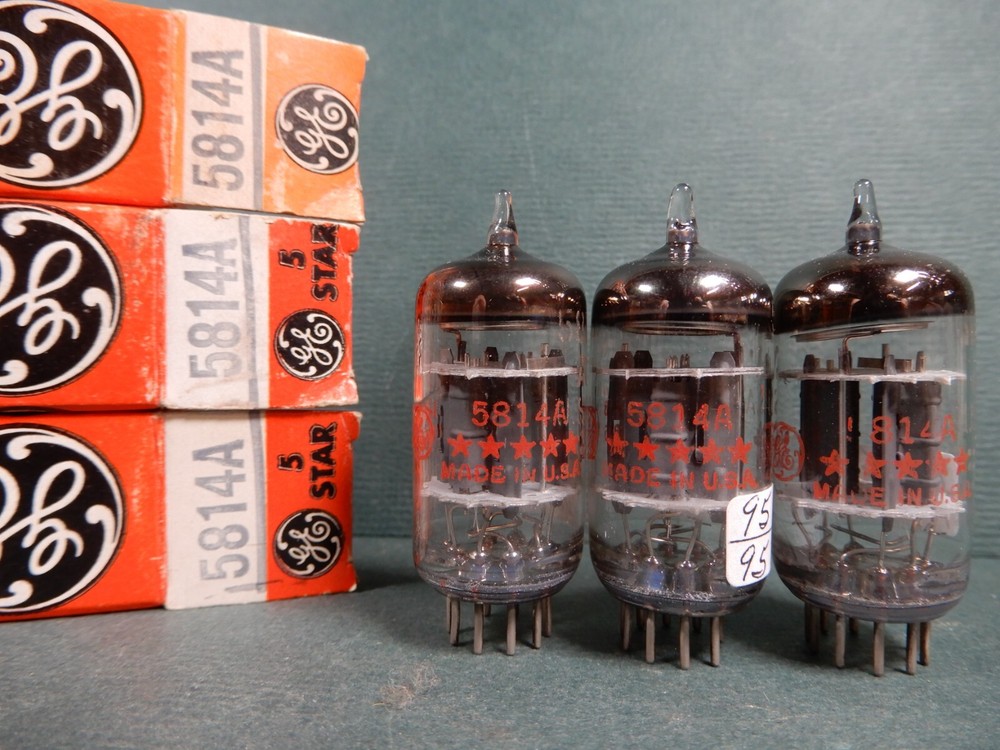 GE Set of Three Gray Plate 5 Star 5814A Vacuum Tubes Amplitrex Tested Strong!