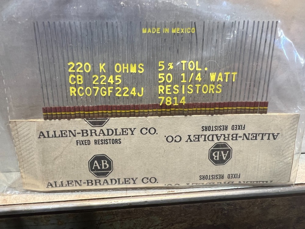 50 Allen Bradley Carbon Comp Resistors 220k 1/4 watt 5%