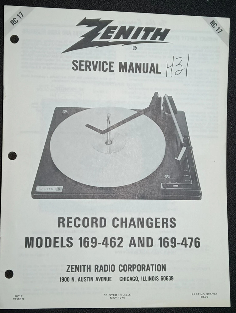 ZENITH RC-17 Turntable Service Manual Photocopy