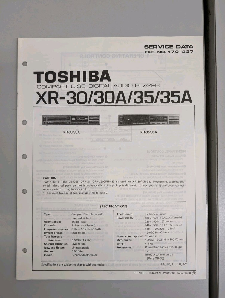Toshiba Xr-30/30a/35/35a Compact Disc Digital Audio Player Service Data D-5485