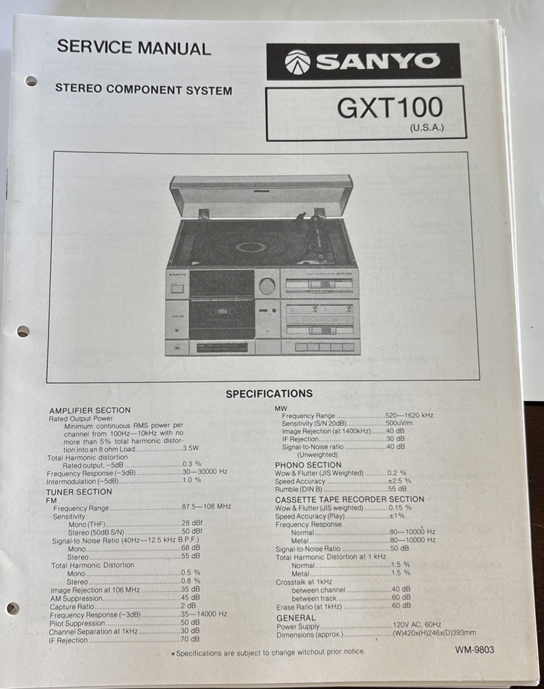 Sanyo. May/83/ GXT 100 Stereo Component System Servicio Manual