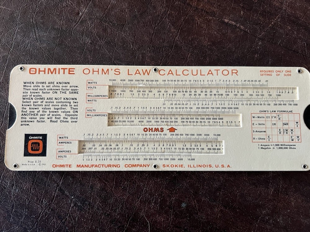 Vintage 1960’s Ohms Law & Parallel Resistance Calculator