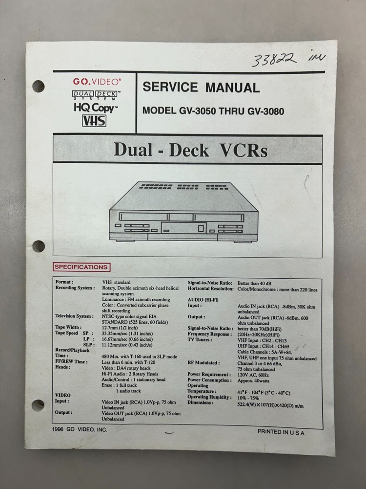 Go Video GV-3030 3080 Original Service Manual Free Shipping
